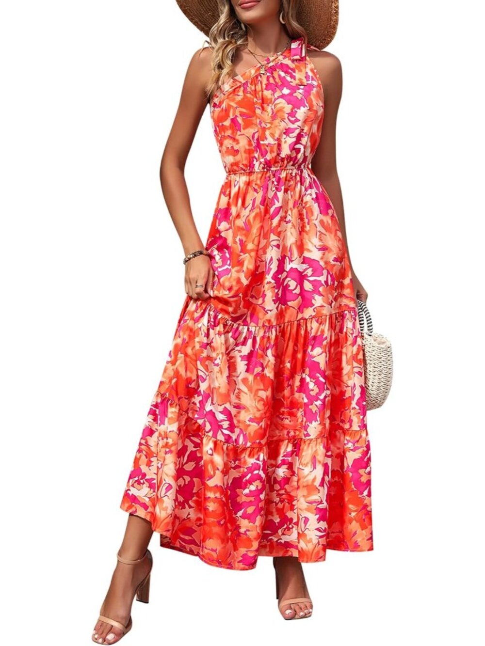 Women's Orange Rose Sleeveless Tiered A Line One Shoulder Boho Floral Maxi Dress
